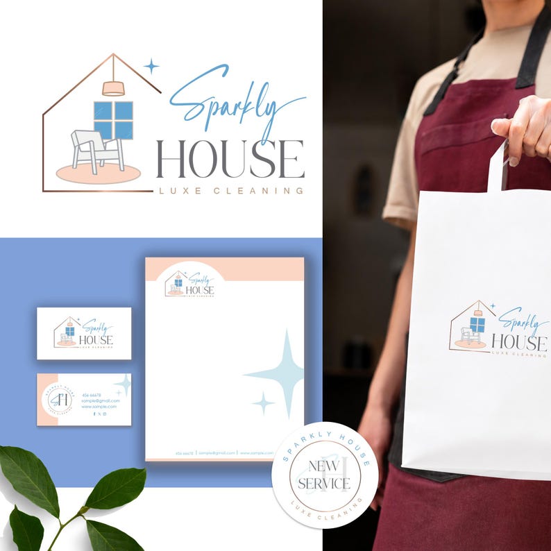 May include: A logo and branding design for "Sparkly House Luxe Cleaning". The logo features a house outline with a chair, window, and light fixture. Business cards, letterhead, and a shopping bag with the logo are also shown.