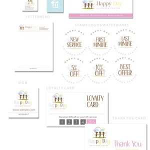 May include: A set of branding elements for a children's center called "Happy Day Children Centre". The set includes a logo, a Facebook cover, a letterhead, a sign, a loyalty card, and a thank you card. The logo features three children holding balloons under a rainbow. The color scheme is pink, blue, and brown.