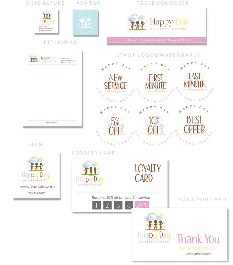 May include: A set of branding elements for a children's center called "Happy Day Children Centre". The set includes a logo, a Facebook cover, a letterhead, a sign, a loyalty card, and a thank you card. The logo features three children holding balloons under a rainbow. The color scheme is pink, blue, and brown.