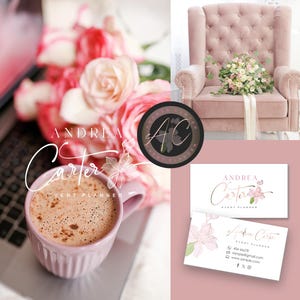 May include: A pink mug of coffee sits near a laptop and a bouquet of pink roses. A pink armchair with a bouquet and business cards with the text "ANDREA CARTER EVENT PLANNER" are also visible. A logo with the letters "AC" is also present.