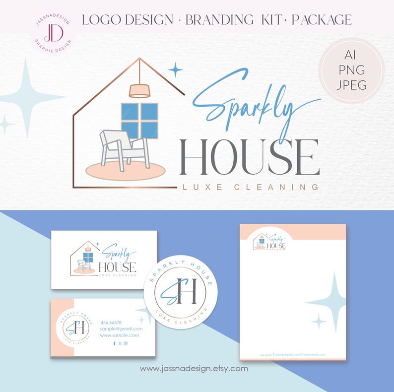 May include: A logo design and branding kit package for "Sparkly House Luxe Cleaning." The design features a house outline with a chair, window, and a hanging lamp. The kit includes business cards, a letterhead, and a circular logo.