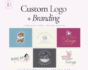 May include: A graphic design display featuring the text Custom Logo + Branding and Timeless Logo + Brand Design. It showcases six distinct logo examples including a squirrel, a globe on a book, a house, a silhouette, a weightlifter, and a rabbit.