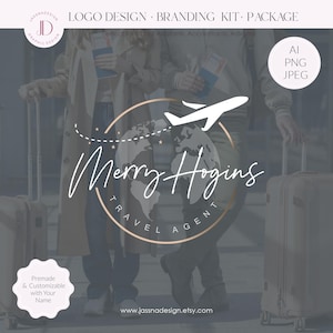 Travel agent logo & branding kit Globe, plane design logo Editable digital travel logo for agencies and bloggers World logo 222