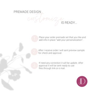 Puede incluir: Un fondo blanco con una superposici&oacute;n rosa y texto que dice "PREMADE DESIGN customize IS READY..." con tres pasos numerados para personalizar un dise&ntilde;o. Los pasos son: 1. Coloque su pedido de conjunto predise&ntilde;ado que le guste y agregue informaci&oacute;n en el lugar "agregar su personalizaci&oacute;n". 2. Despu&eacute;s de recibir el pedido, le enviar&eacute; una muestra de vista previa para su revisi&oacute;n y aprobaci&oacute;n. 3. Si necesita alguna correcci&oacute;n, se actualizar&aacute;. Despu&eacute;s de la aprobaci&oacute;n, los archivos se enviar&aacute;n listos para usar a trav&eacute;s de un enlace o correo electr&oacute;nico. La imagen tambi&eacute;n incluye un c&iacute;rculo rosa con las letras JD en blanco.