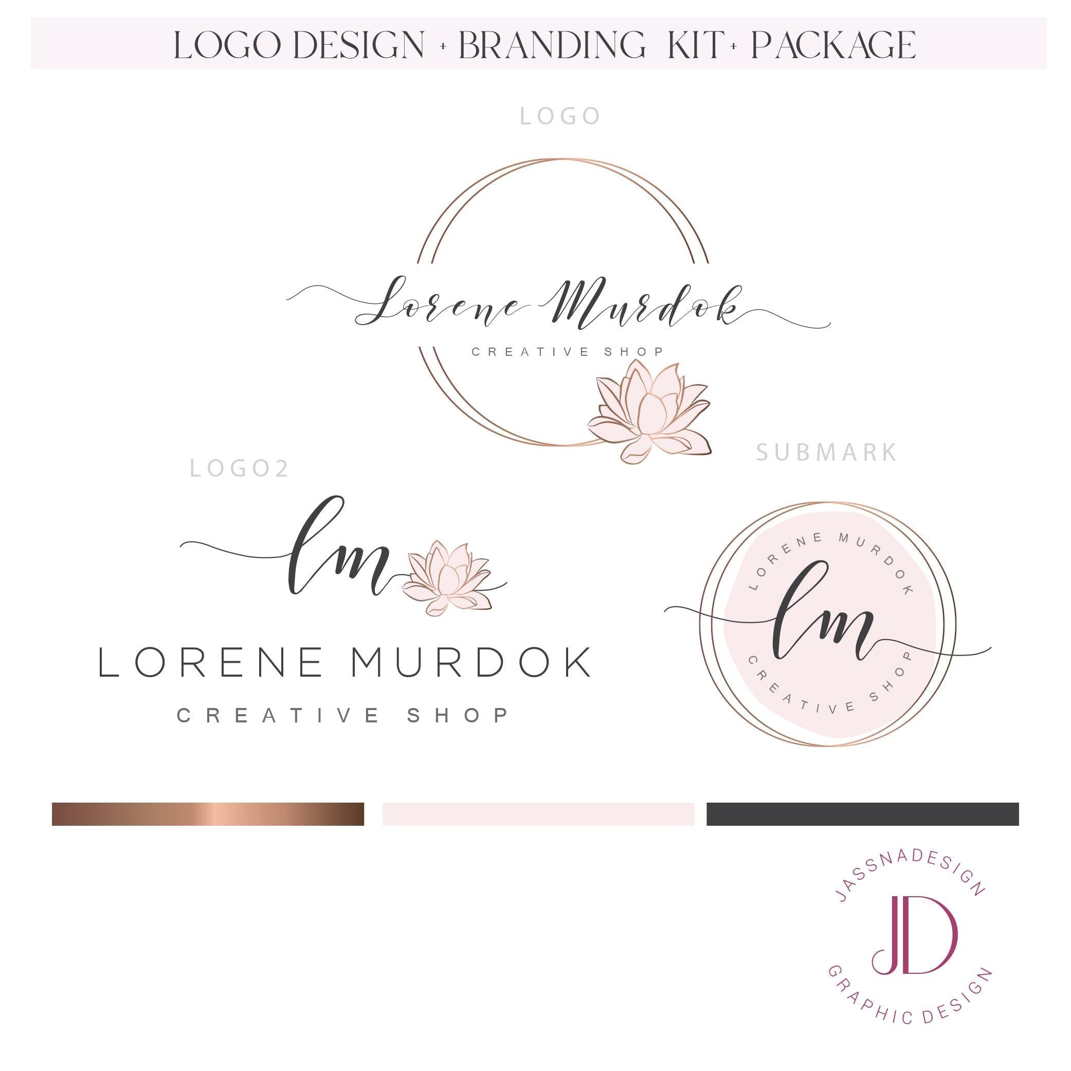 Lotus flower logo Pink rose gold premade branding kit Beauty, spa, yoga, therapist, wedding, event planner, jewelry branding(AI/PNG/JPEG)229