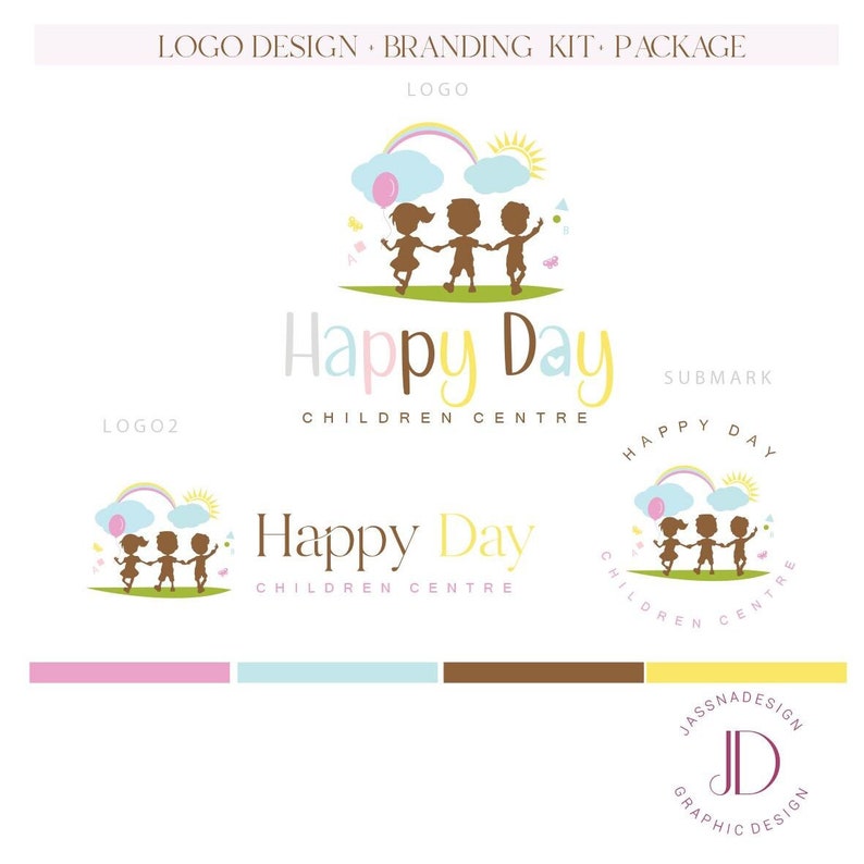 May include: A logo design for a children's center called "Happy Day". The logo features a rainbow, sun, clouds, and three children holding hands. The text "Happy Day Children Centre" is written in a playful font.