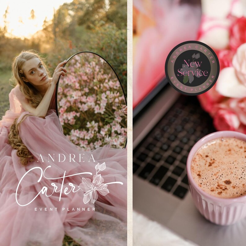 May include: A woman in a pink dress holds a mirror, reflecting pink flowers. The image includes the text "Andrea Carter Event Planner" and a coffee cup next to a laptop with a "New Service" sticker.