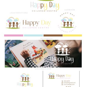 May include: A logo design for a children's center called "Happy Day Children Centre". The logo features three children holding hands, standing on a green patch of grass with a rainbow and clouds above them. The text "Happy Day" is in a colorful font and the text "Children Centre" is in a smaller font below it.