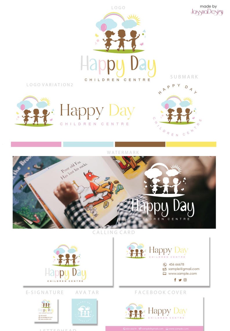 May include: A logo design for a children's center called "Happy Day Children Centre". The logo features three children holding hands, standing on a green patch of grass with a rainbow and clouds above them. The text "Happy Day" is in a colorful font and the text "Children Centre" is in a smaller font below it.