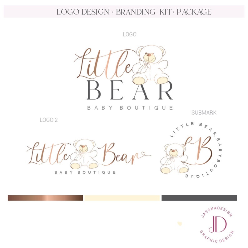 May include: Logo design for a baby boutique called "Little Bear Baby Boutique". The logo features a white teddy bear with a pink bow and the text "Little Bear" in a cursive font. The submark is a circle with the text "Little Bear, Baby Boutique" and the initials "LB" in a gold color.