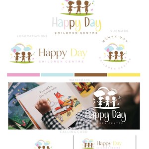 May include: A logo design for a children's center called "Happy Day". The logo features a colorful illustration of three children holding hands and standing on a grassy patch. The text "Happy Day" is written in a playful font with a yellow background and the words "Children Centre" are written in a smaller font below.