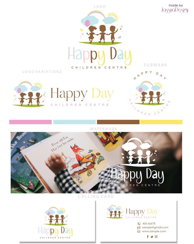 May include: A logo design for a children's center called "Happy Day". The logo features a colorful illustration of three children holding hands and standing on a grassy patch. The text "Happy Day" is written in a playful font with a yellow background and the words "Children Centre" are written in a smaller font below.