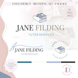 May include: A logo design and branding kit package featuring the name "Jane Filding" and "Tutor Services". The design includes multiple logo variations, colour palettes, and the text "Premade & Customizable with Your Name". Formats include AI, PNG, and JPEG.