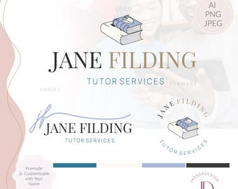 May include: A logo design and branding kit package featuring the name "Jane Filding" and "Tutor Services". The design includes multiple logo variations, colour palettes, and the text "Premade & Customizable with Your Name". Formats include AI, PNG, and JPEG.