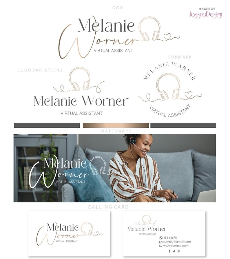 May include: A logo design for a virtual assistant named Melanie Worner. The logo features a stylized handwritten name with a headset and heart icon. The logo is shown in various formats, including a watermark, submark, and calling card.