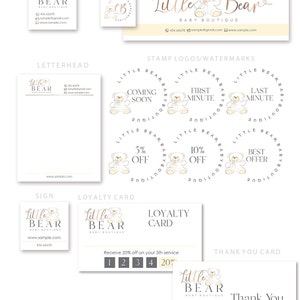 May include: A set of branding elements for a baby boutique called "Little Bear Baby Boutique". The branding includes a logo with a bear wearing a bow, a letterhead, a sign, a loyalty card, and a thank you card. The color scheme is pink, white, and gold.