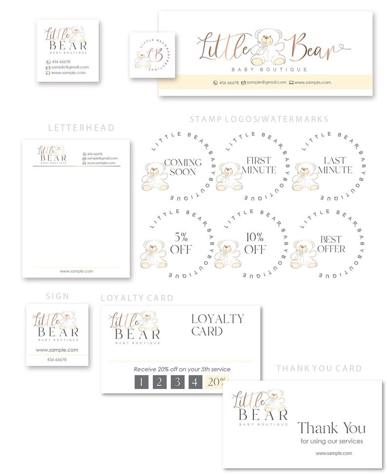May include: A set of branding elements for a baby boutique called "Little Bear Baby Boutique". The branding includes a logo with a bear wearing a bow, a letterhead, a sign, a loyalty card, and a thank you card. The color scheme is pink, white, and gold.