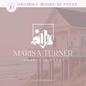 May include: A white logo design for a real estate insurance agent. The logo features a house, a car, a sailboat, and a checkmark. The text "MARISA TURNER INSURANCE AGENT" is below the logo. The logo is on a pink background with a house in the background.