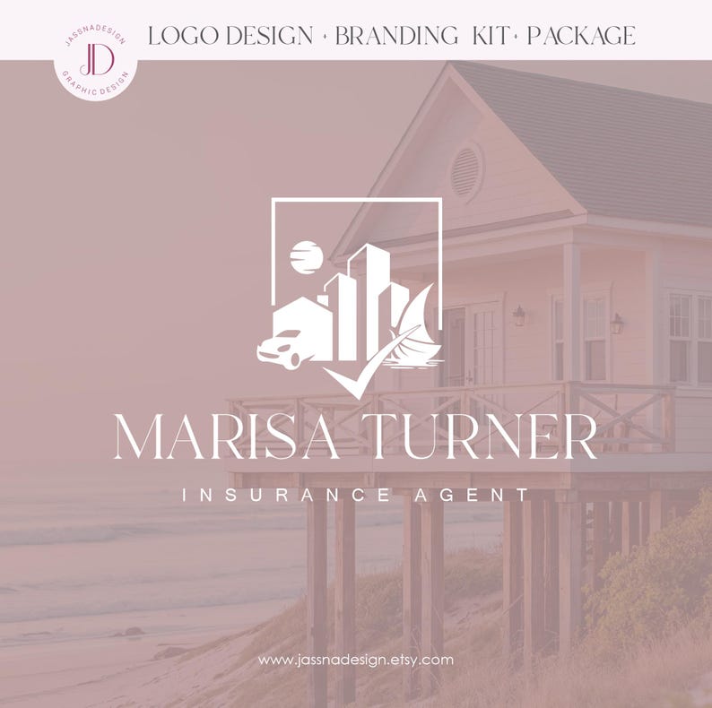 May include: A white logo design for a real estate insurance agent. The logo features a house, a car, a sailboat, and a checkmark. The text "MARISA TURNER INSURANCE AGENT" is below the logo. The logo is on a pink background with a house in the background.