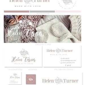 May include: A branding mockup for a business called "Helen Turner Made With Love". The logo features a stylised image of yarn and knitting needles. The mockup includes a logo, submark, calling card, e-signature, avatar, letterhead, Facebook cover, and sign.
