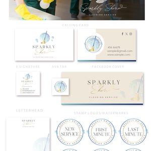 May include: A collection of branding materials for a cleaning service, featuring a logo with a cityscape and a broom. Includes business cards, letterhead, and promotional stamps with offers like "5% Off" and "Best Offer".
