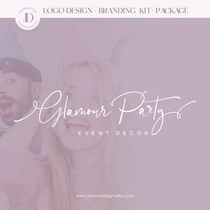 May include: A logo design for a party decor business called "Glamour Party Event Decor". The logo is in a white cursive font on a light purple background. The logo is surrounded by a blurry image of two people wearing party hats.