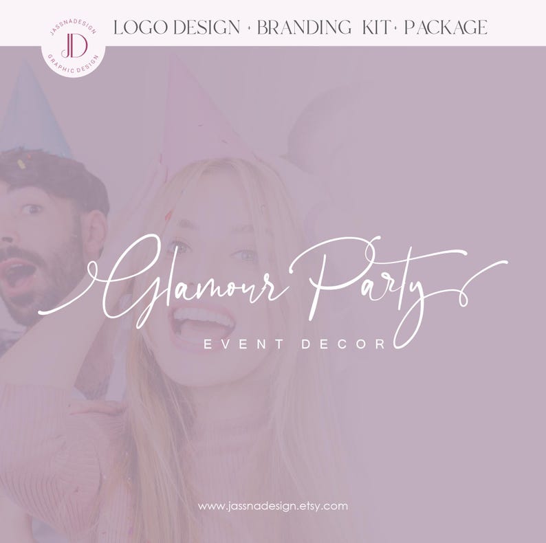 May include: A logo design for a party decor business called "Glamour Party Event Decor". The logo is in a white cursive font on a light purple background. The logo is surrounded by a blurry image of two people wearing party hats.