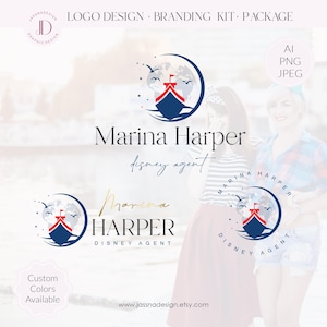 Logotipo de agente de viajes inspirado en Disney Logotipo de viaje editable Logotipo de globo terráqueo y barco Marca de agencia de viajes de cruceros Tarjeta electrónica prefabricada Sello Membrete 179