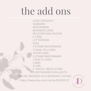 May include: A light pink graphic with the text "the add ons" at the top. Below, a list of design services including logo versions, watermarks, business cards, and social media icons. The Etsy shop URL is provided at the bottom.