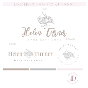 May include: A branding kit for a business called "Helen Turner Made With Love". The logo features a stylised illustration of yarn and knitting needles with flowers. The submark is a circular logo with the same yarn and knitting needle illustration.