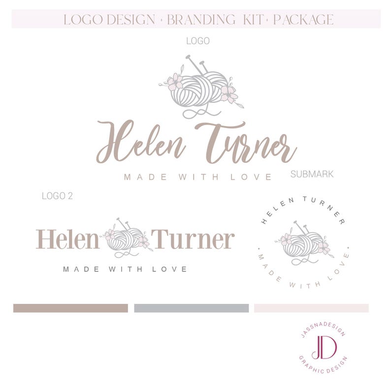 May include: A branding kit for a business called "Helen Turner Made With Love". The logo features a stylised illustration of yarn and knitting needles with flowers. The submark is a circular logo with the same yarn and knitting needle illustration.
