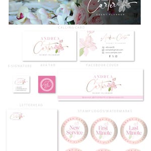 May include: A collection of branding materials for "Andrea Carter, Event Planner." Includes logos, business cards, letterhead, watermarks, and a thank you card. The design features a floral motif in pink and gold tones.