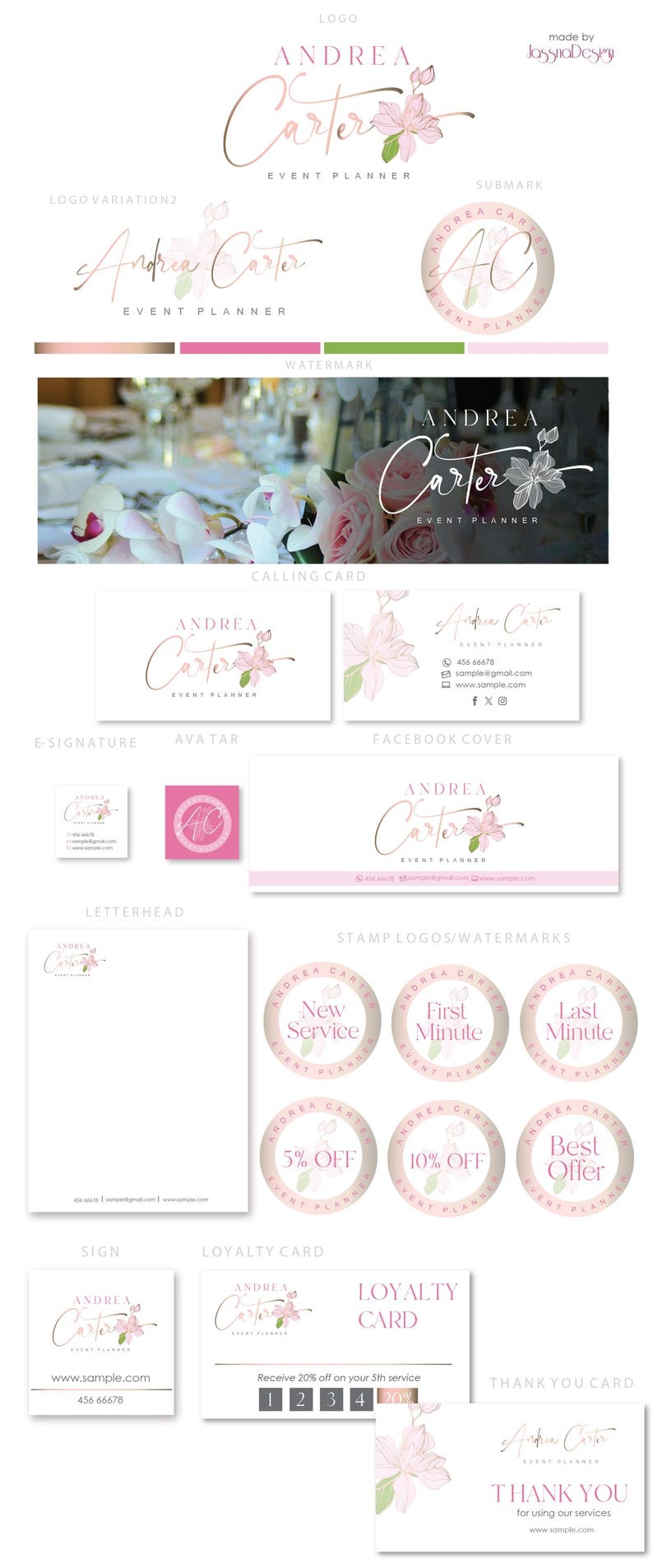 May include: A collection of branding materials for "Andrea Carter, Event Planner." Includes logos, business cards, letterhead, watermarks, and a thank you card. The design features a floral motif in pink and gold tones.