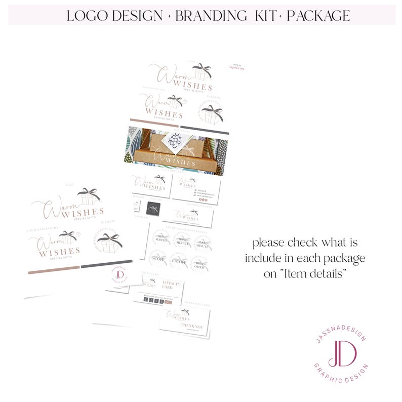May include: Branding kit package for a business called "Warm Wishes". The kit includes a logo, business cards, social media graphics, and other branding elements. The logo features a palm tree and a gift box with a bow.