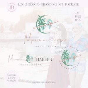 Kit di branding e logo per agenzia di viaggi Logo con design a forma di globo, aereo e palma Logo digitale modificabile per blogger e agenti di viaggio 329