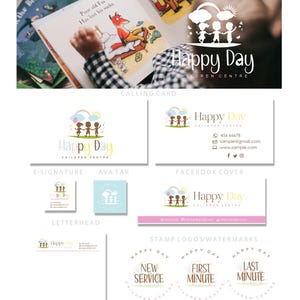May include: A logo design for a children's center called "Happy Day". The logo features three children holding hands and standing under a rainbow. The logo is in a variety of colors, including pink, blue, yellow, and brown. The logo is surrounded by a variety of other design elements, including a calling card, a letterhead, a loyalty card, and a thank you card. The design elements are all in a similar style to the logo, and they all feature the same color scheme.