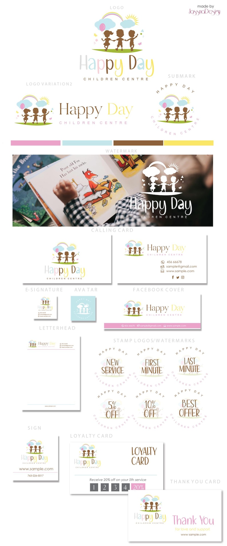 May include: A logo design for a children's center called "Happy Day". The logo features three children holding hands and standing under a rainbow. The logo is in a variety of colors, including pink, blue, yellow, and brown. The logo is surrounded by a variety of other design elements, including a calling card, a letterhead, a loyalty card, and a thank you card. The design elements are all in a similar style to the logo, and they all feature the same color scheme.