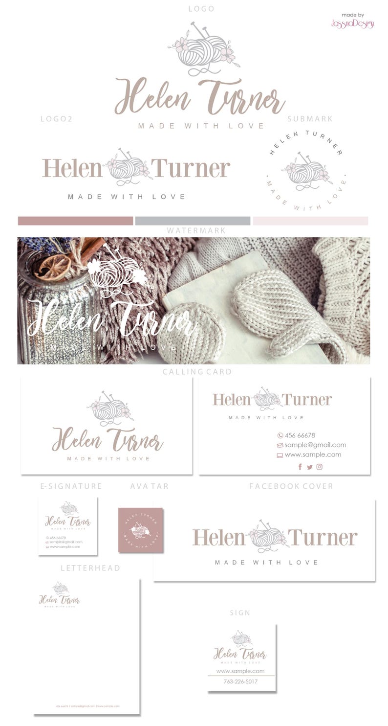 May include: A branding mockup for a business called "Helen Turner Made With Love". The logo features a stylised image of yarn and knitting needles. The mockup includes a logo, submark, calling card, e-signature, avatar, letterhead, Facebook cover, and sign.