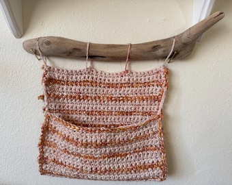 Crochet Driftwood Wall Hanging organic yarn pocket for books/snacks/trinkets/phone