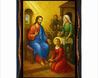 Gesù a casa di Marta e Maria - Immagine sacra ortodossa su targa di legno fatta a mano