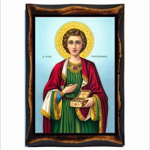 Saint Pantaleon - Byzantine Icon - Orthodox Catholic Holy Card on Handmade Wood Plaque