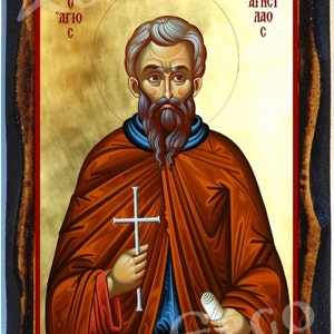 Ícone cristão bizantino ortodoxo grego de Santo Agisilau em madeira
