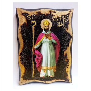Saint Cyprian - Saint Cyprian of Carthage - Cyprian von Karthago Handmade Wood Icon on plaque with physical aging and Golden Leaf 24K