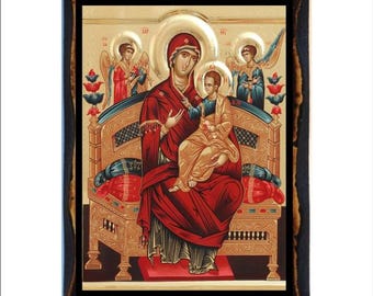 Icono de la Virgen María Pantanassa - Arte bizantino - Estampa ortodoxa en placa de madera hecha a mano