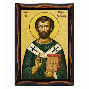 Ruperto, obispo de Salzburgo - Arte bizantino - Estampa católica ortodoxa en placa de madera hecha a mano