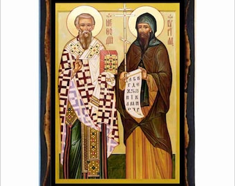 Saints Cyril and Methodius - Byzantine Art - Orthodox Catholic Holy Card on Handmade Wood Plaque
