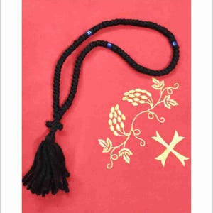Cordón de oración de lana de 100 nudos con cuentas azules y bendecido con la Santa Mirra - Komboskini- Chotki - Cordón de oración de lana de 100 nudos, hecho a mano por ancianos