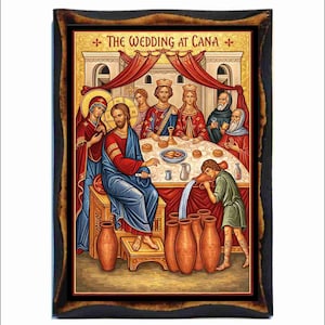 The Wedding Feast at Cana - Orthodox Catholic Holy Card on Handmade Wood Plaque