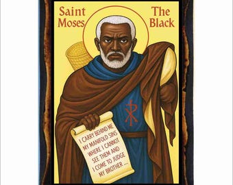 Icono de San Moisés el Negro - Arte Bizantino - Estampa católica ortodoxa en placa de madera hecha a mano