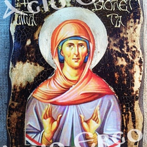The Saint Violetta ( Ias) Handmade Wood Icon on plaque with physical aging and Golden Leaf 24K